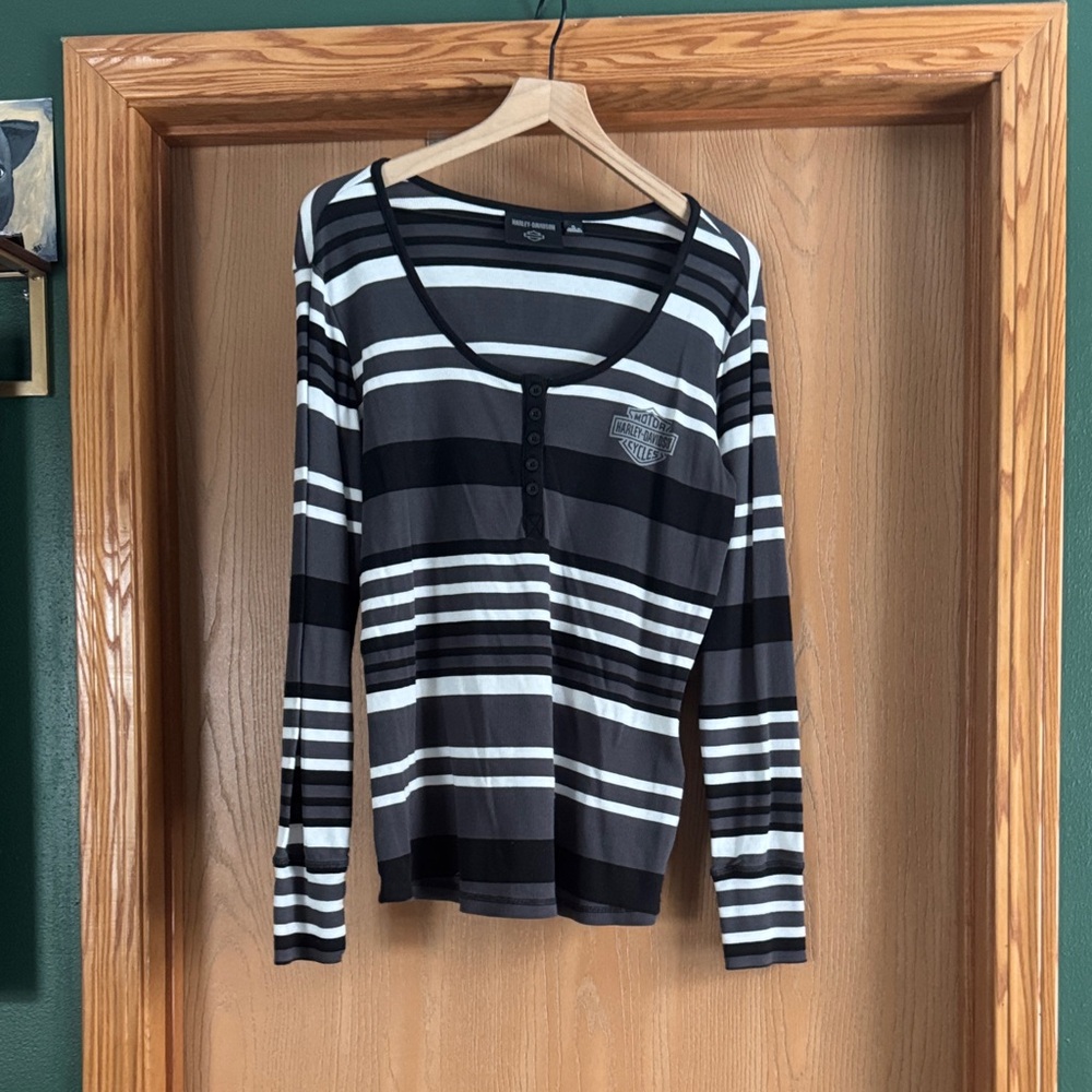 Harley-Davidson Black and Gray Striped Long Sleeve Forever Fierce Henley